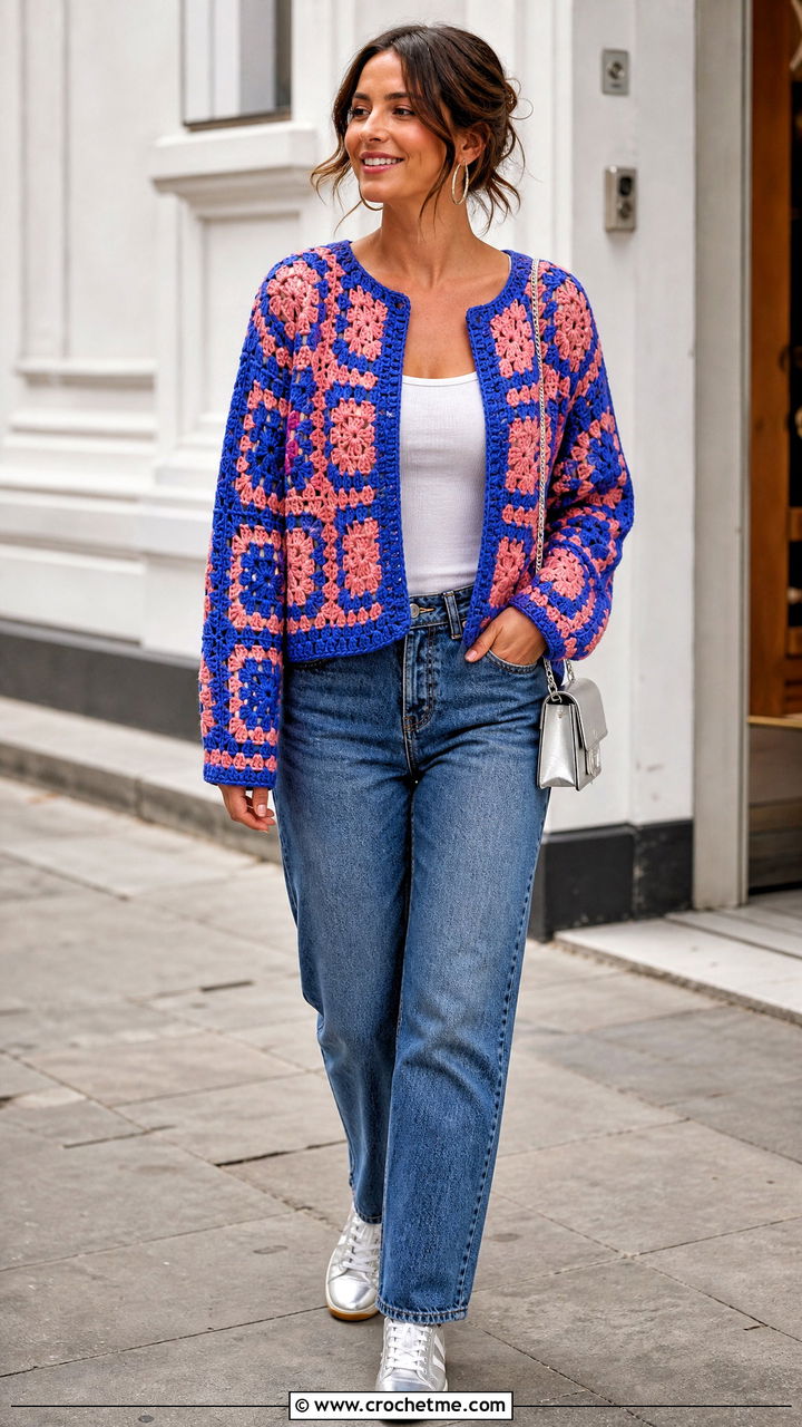 Granny Square Crochet Pullover With Straight Leg Jeans - 35 crochet sweaters outfit ideas