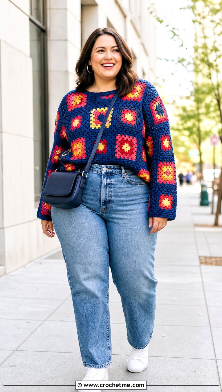 Granny Square Crochet Pullover With Straight Leg Jeans - 25 Crochet For Sweaters For Women outfit ideas