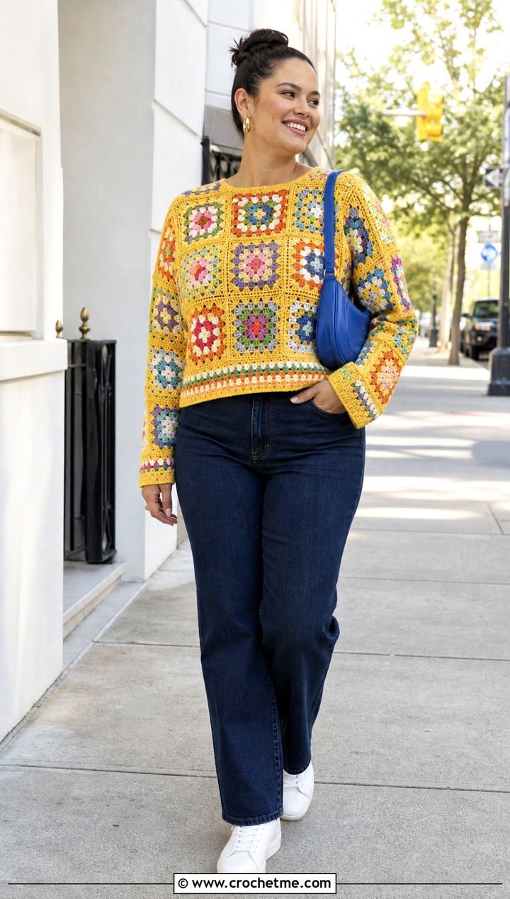 Granny Square Crochet Pullover With Straight Leg Jeans - 25 Crocheted Sweaters For Women outfit ideas