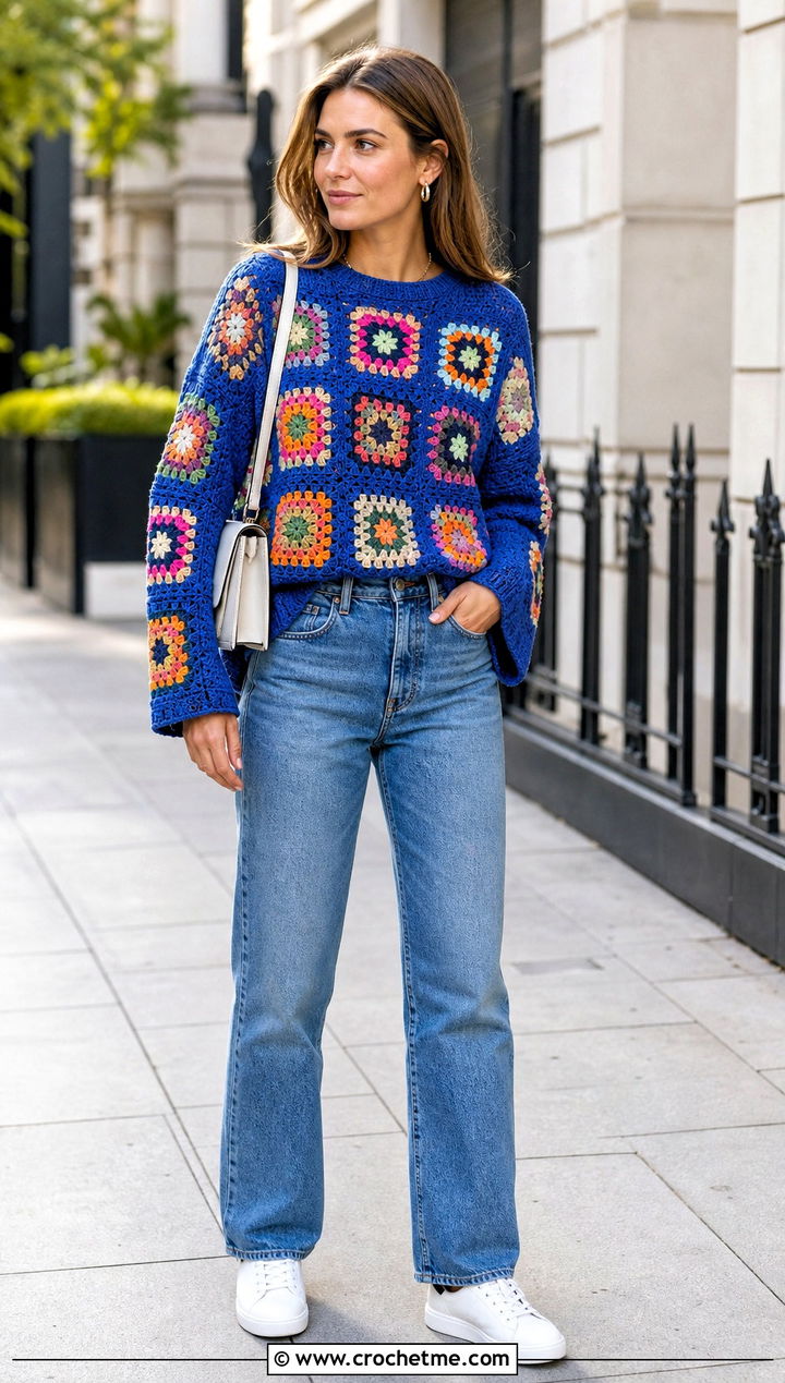 Granny Square Crochet Pullover With Straight Leg Jeans - 15 love my granny crochet pullover outfit ideas