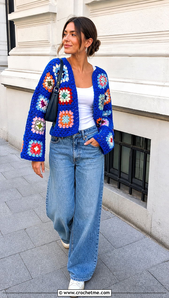 Granny Square Crochet Pullover With Wide Leg Jeans - 15 Crochet Projects Sweaters outfit ideas