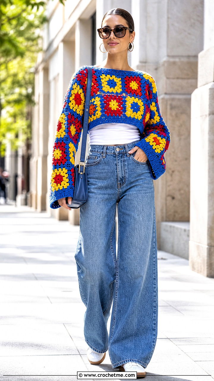 Granny Square Crochet Pullover With Wide Leg Jeans - 35 crochet sweater ideas