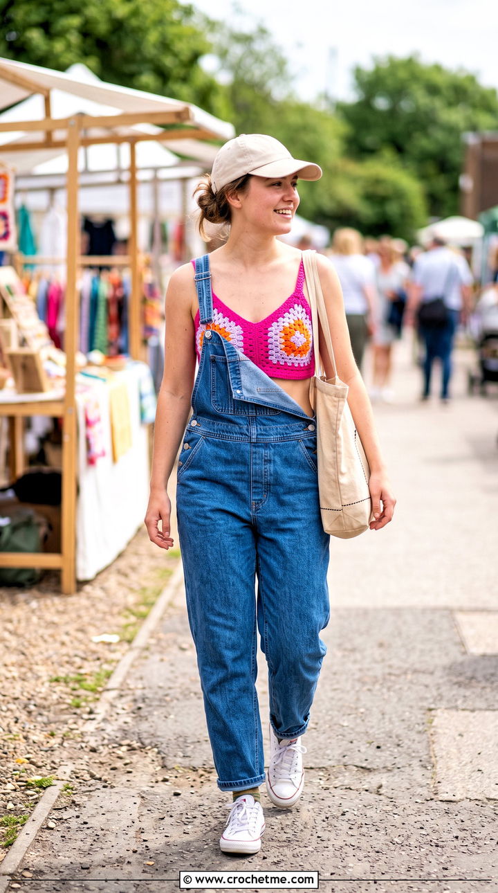 Granny Square Crochet Push Up Bra With Overalls - 30 crochet push up bra outfit ideas