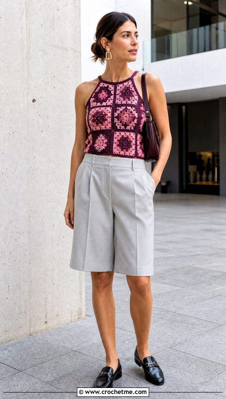 Granny Square Crochet Racerback Tank Top With Bermuda Shorts - 25 Crochet Racerback Tank Tops outfit ideas
