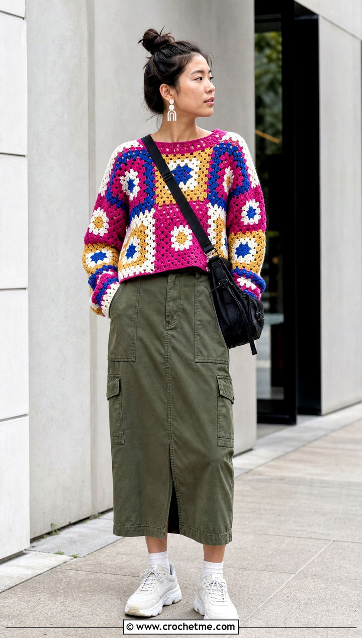 Granny Square Crochet Raglan Sweater With Cargo Skirt - 35 crochet raglan sweater outfit ideas