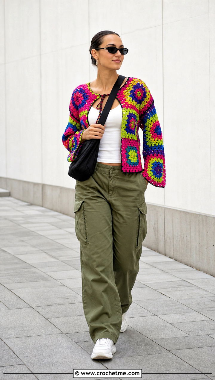 Granny Square Crochet Raglan Top With Cargo Pants - 30 crochet raglan top outfit ideas