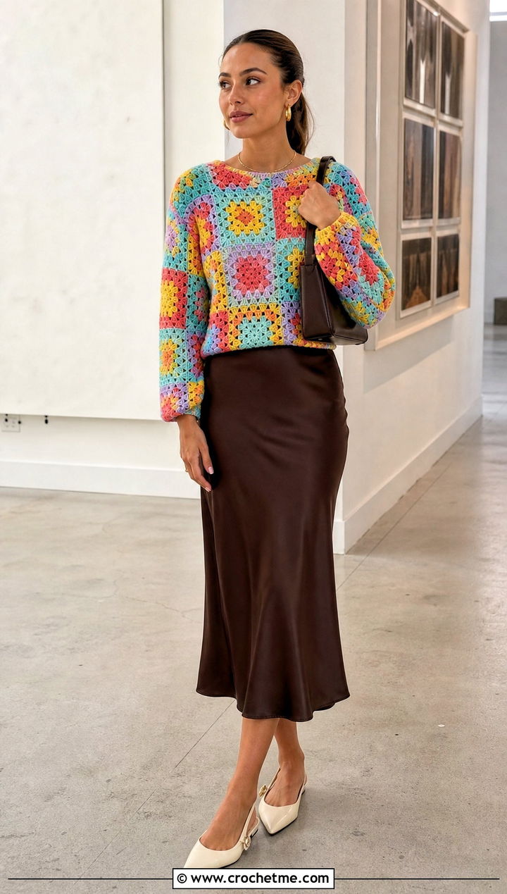 Granny Square Crochet Rainbow Sweater With Satin Midi Skirt - 20 Crochet Rainbow Sweater outfit ideas