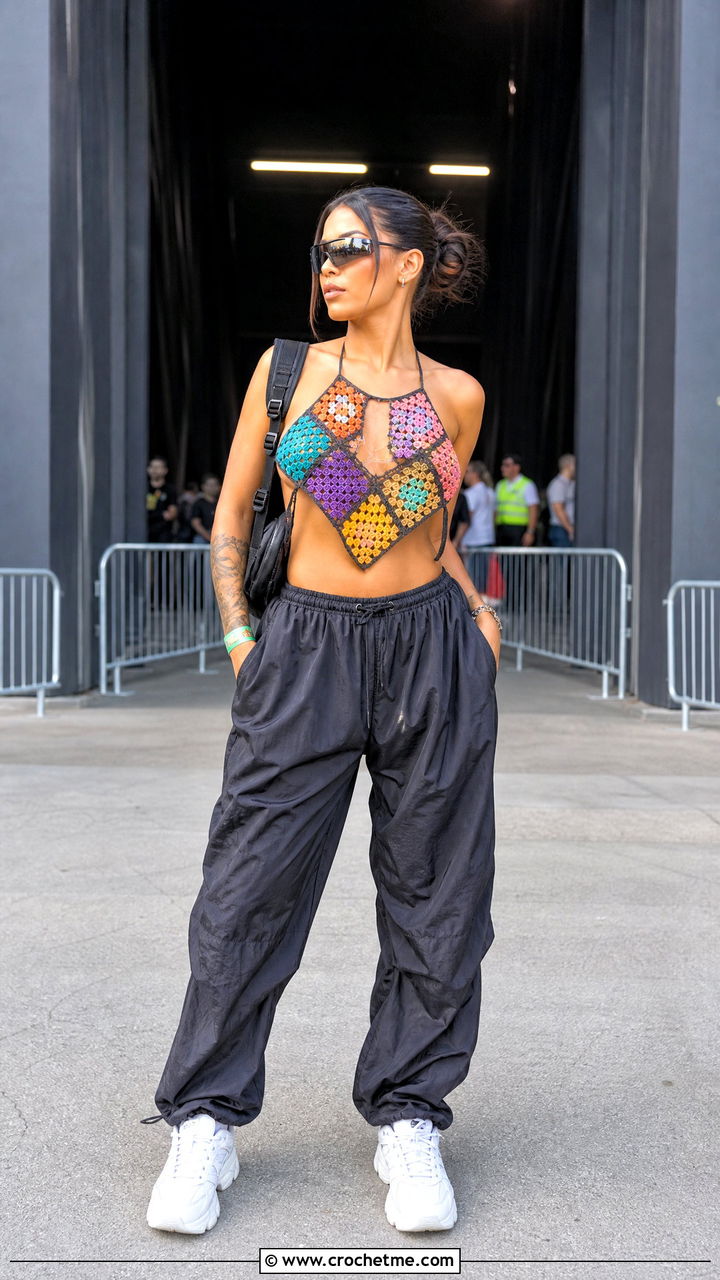 Granny Square Crochet Rave Top With Parachute Pants - 35 crochet rave top outfit ideas