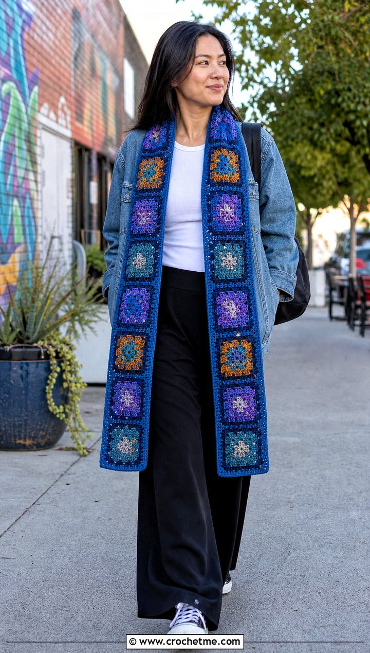 Granny Square Crochet Ravenclaw Scarf With Denim Jacket - 35 crochet ravenclaw scarf outfit ideas
