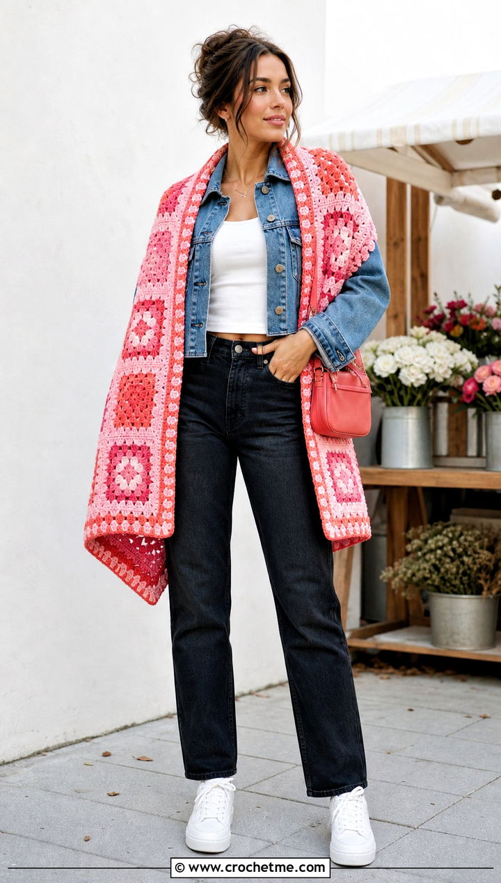 Granny Square Crochet Rectangle Shawl With Denim Jacket - 35 Crochet Rectangle Shawl outfit ideas