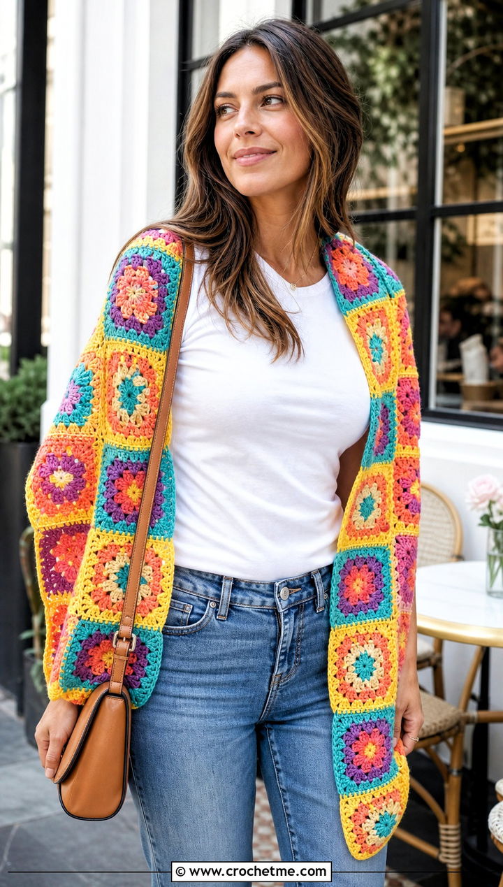 Granny Square Crochet Rectangular Shawl With Jeans - 30 crochet rectangular shawl outfit ideas