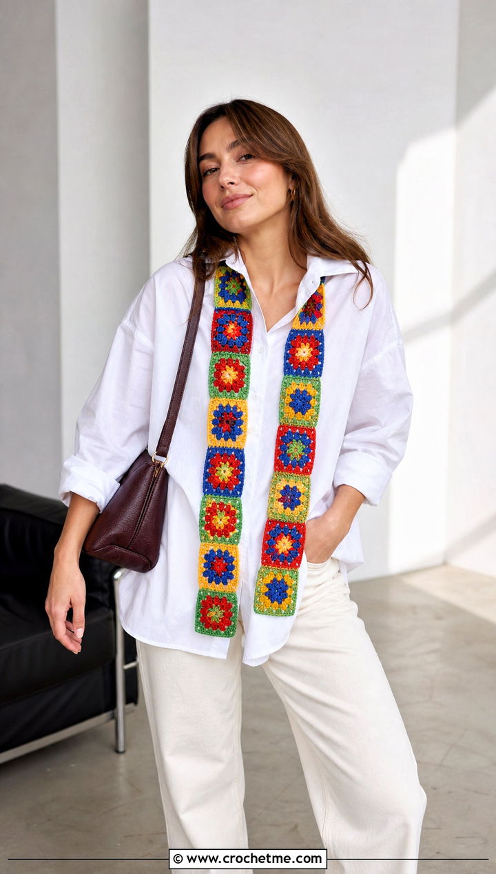 Granny Square Crochet Ribbon Scarf With Oversized Shirt - 15 Crochet Ribbon Scarf outfit ideas