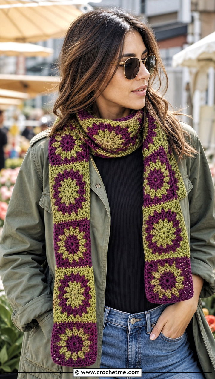 Granny Square Crochet Roll Up Scarf With Utility Jacket - 25 Crochet Roll Up Scarf outfit ideas