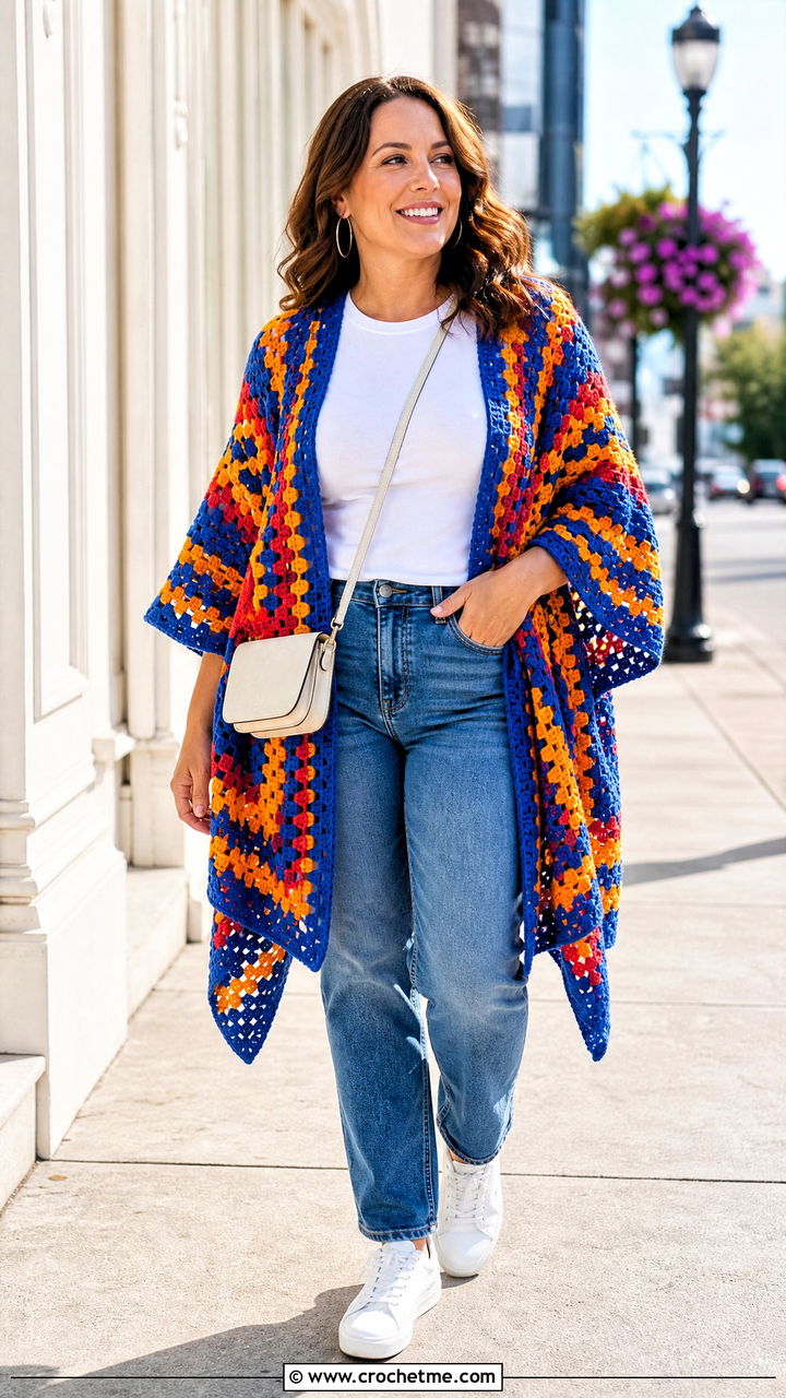 Granny Square Crochet Ruana With Jeans - 35 crochet ruana outfit ideas