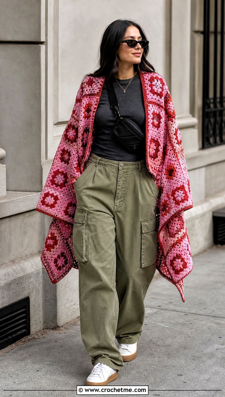 Granny Square Crochet Ruana With Tee And Cargo Pants - 15 easy crochet ruana outfit ideas