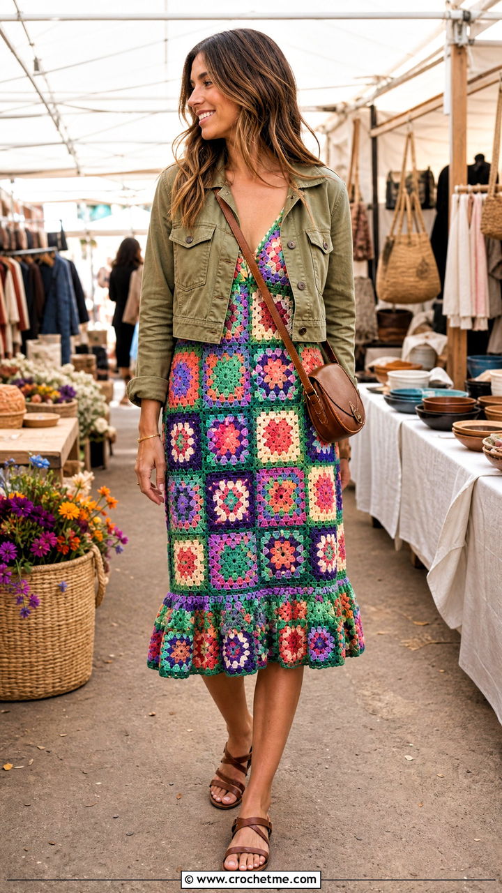 Granny Square Crochet Ruffle Dress With Utility Jacket - 35 crochet ruffle dress outfit ideas