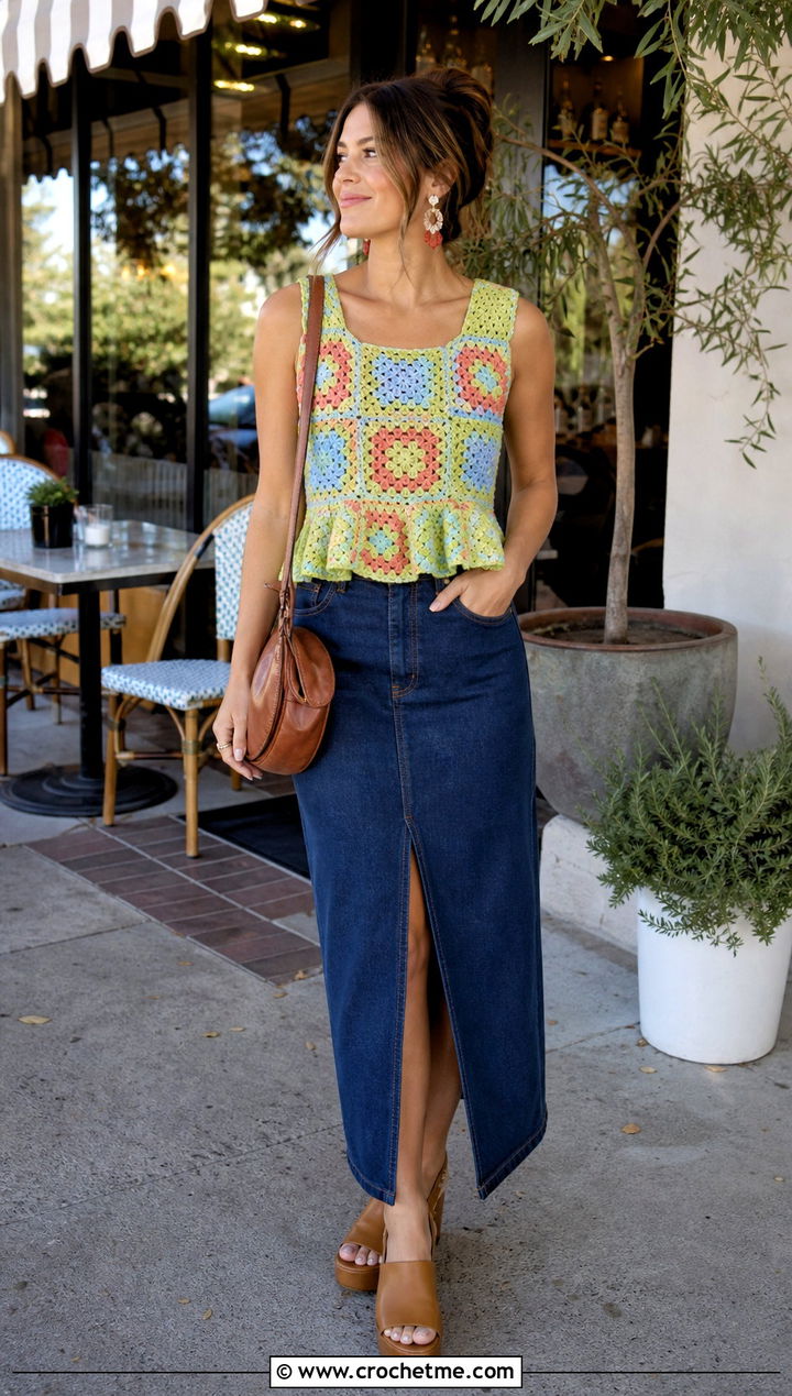 Granny Square Crochet Ruffle Edging Top With Denim Midi Skirt - 15 Crochet Ruffle Edging Top outfit ideas