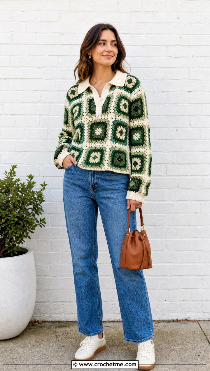 Granny Square Crochet Rugby Shirt With Straight Jeans - 25 Crochet Rugby Shirt outfit ideas