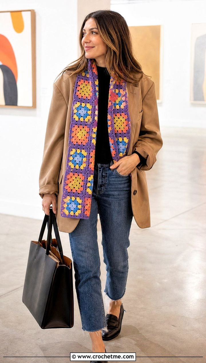 Granny Square Crochet Sally Scarf With Blazer And Jeans - 20 Crochet Sally Scarf outfit ideas