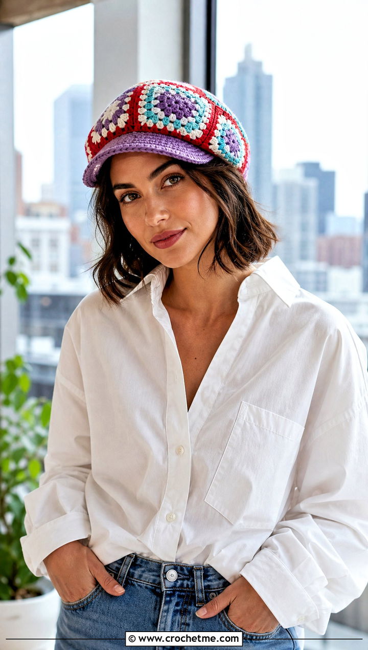 Granny Square Crochet Scally Cap With White Shirt And Barrel Jeans - 25 Crochet Scally Cap outfit ideas