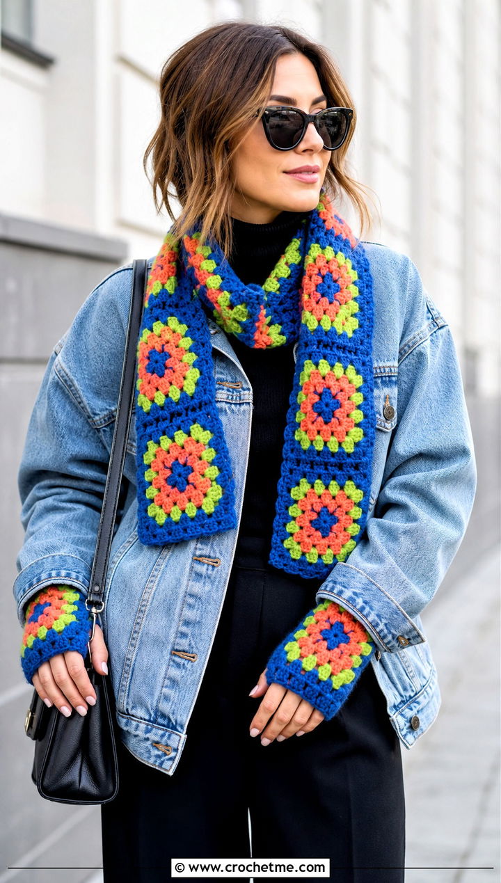 Granny Square Crochet Scarf And Fingerless Mittens With Denim Jacket - 15 Crochet Scarf And Mittens Set outfit ideas
