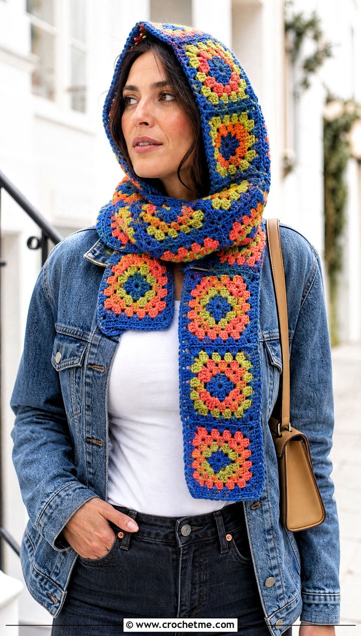 Granny Square Crochet Scarf Hood With Denim Jacket - 30 crochet scarf hood outfit ideas