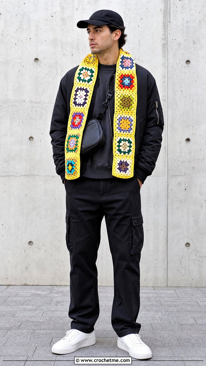 Granny Square Crochet Scarf With Black Bomber Jacket - 35 crochet scarf for men outfit ideas