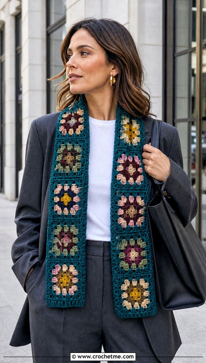 Granny Square Crochet Scarf With Blazer And Trousers - 20 Elegant Crochet Scarf outfit ideas