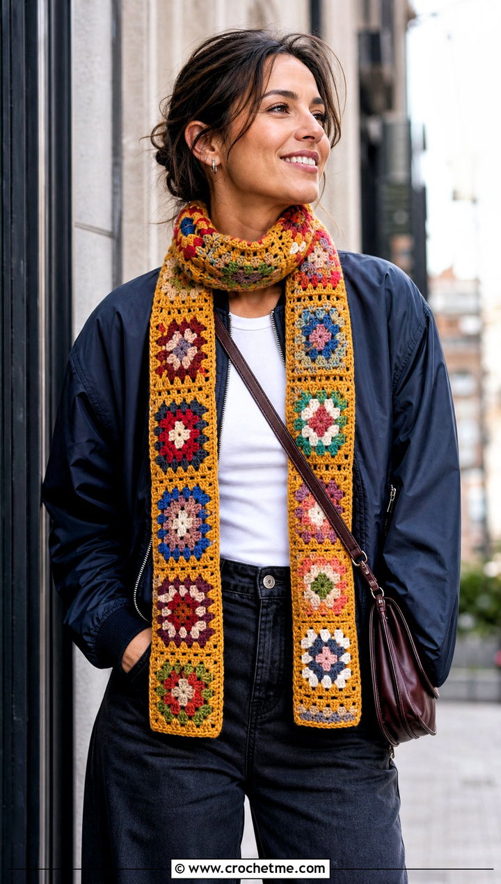 Granny Square Crochet Scarf With Bomber Jacket - 20 Beginner Crochet Projects Scarf outfit ideas