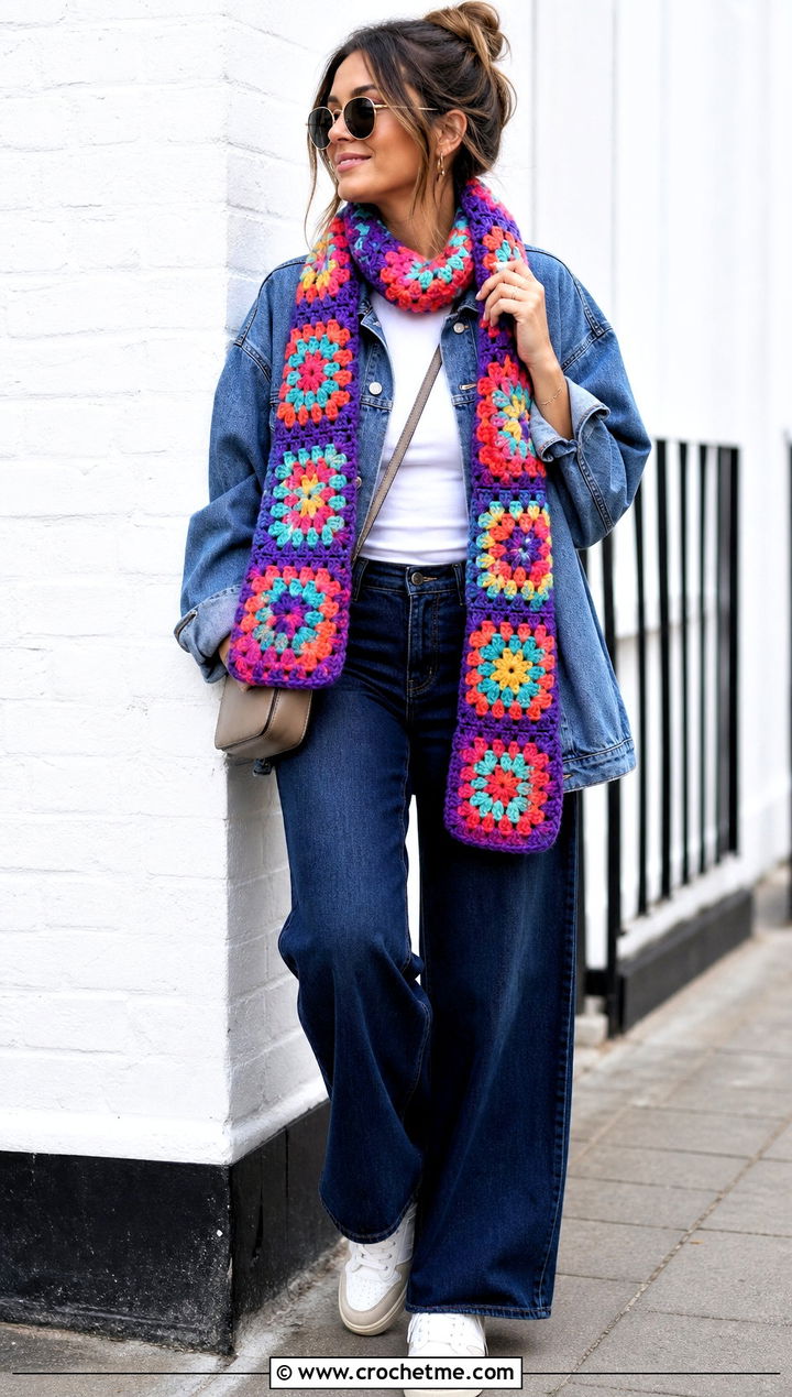 Granny Square Crochet Scarf With Denim Jacket - 30 bulky crochet scarf outfit ideas