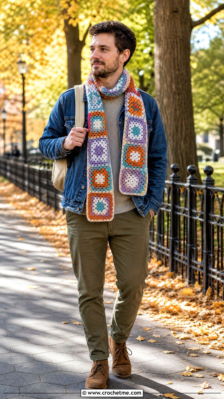 Granny Square Crochet Scarf With Denim Jacket - 35 crochet outfits for men outfit ideas
