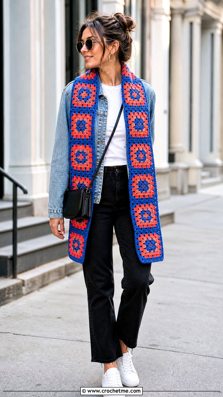 Granny Square Crochet Scarf With Denim Jacket - 35 crochet scarf ideas