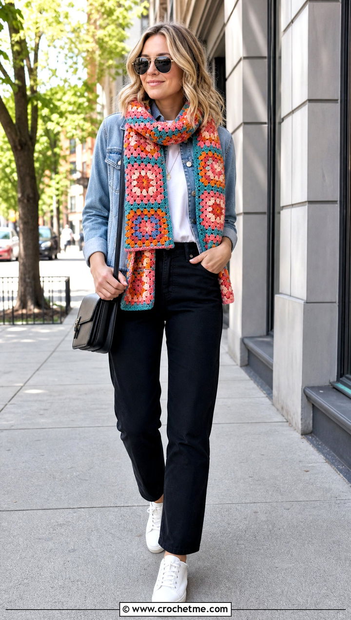 Granny Square Crochet Scarf With Denim Jacket - 35 crochet scarves outfit ideas