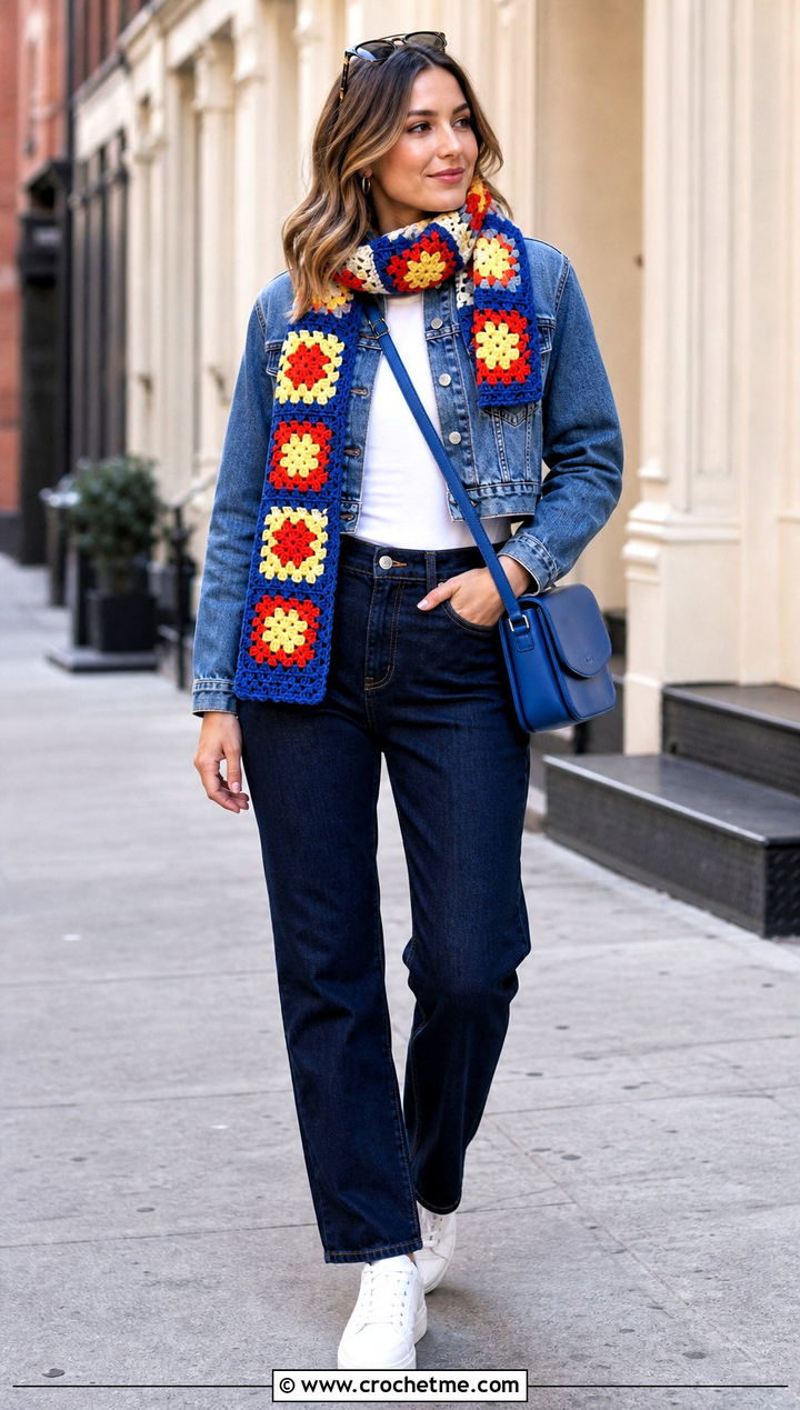 Granny Square Crochet Scarf With Denim Jacket - 35 crocheted scarf outfit ideas