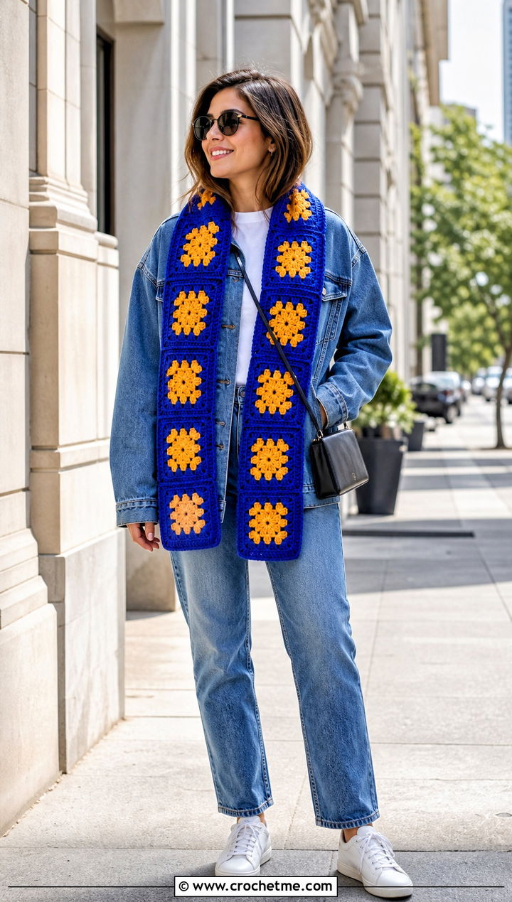 Granny Square Crochet Scarf With Denim Jacket - 35 cute crochet scarf outfit ideas
