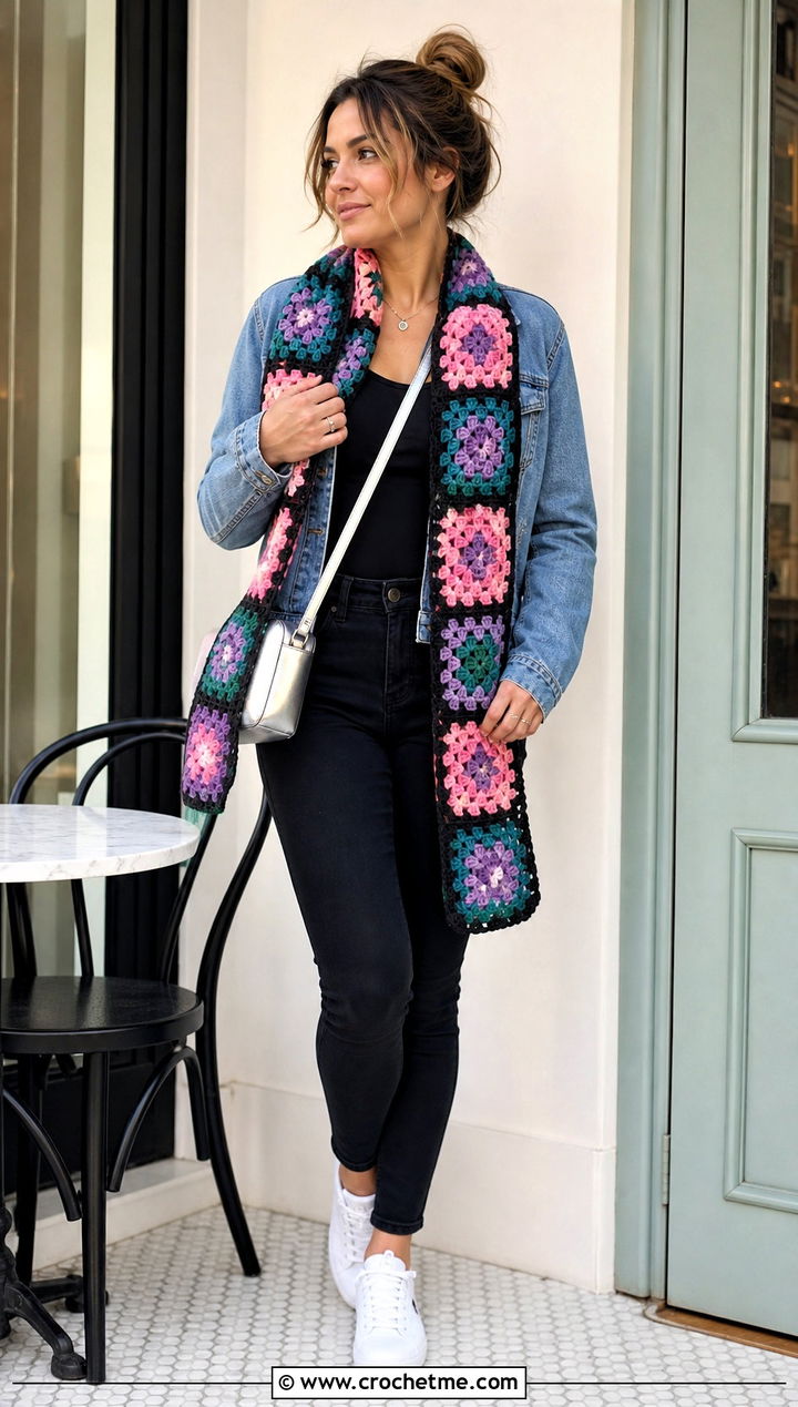 Granny Square Crochet Scarf With Denim Jacket - 35 easy crochet scarf for beginners outfit ideas