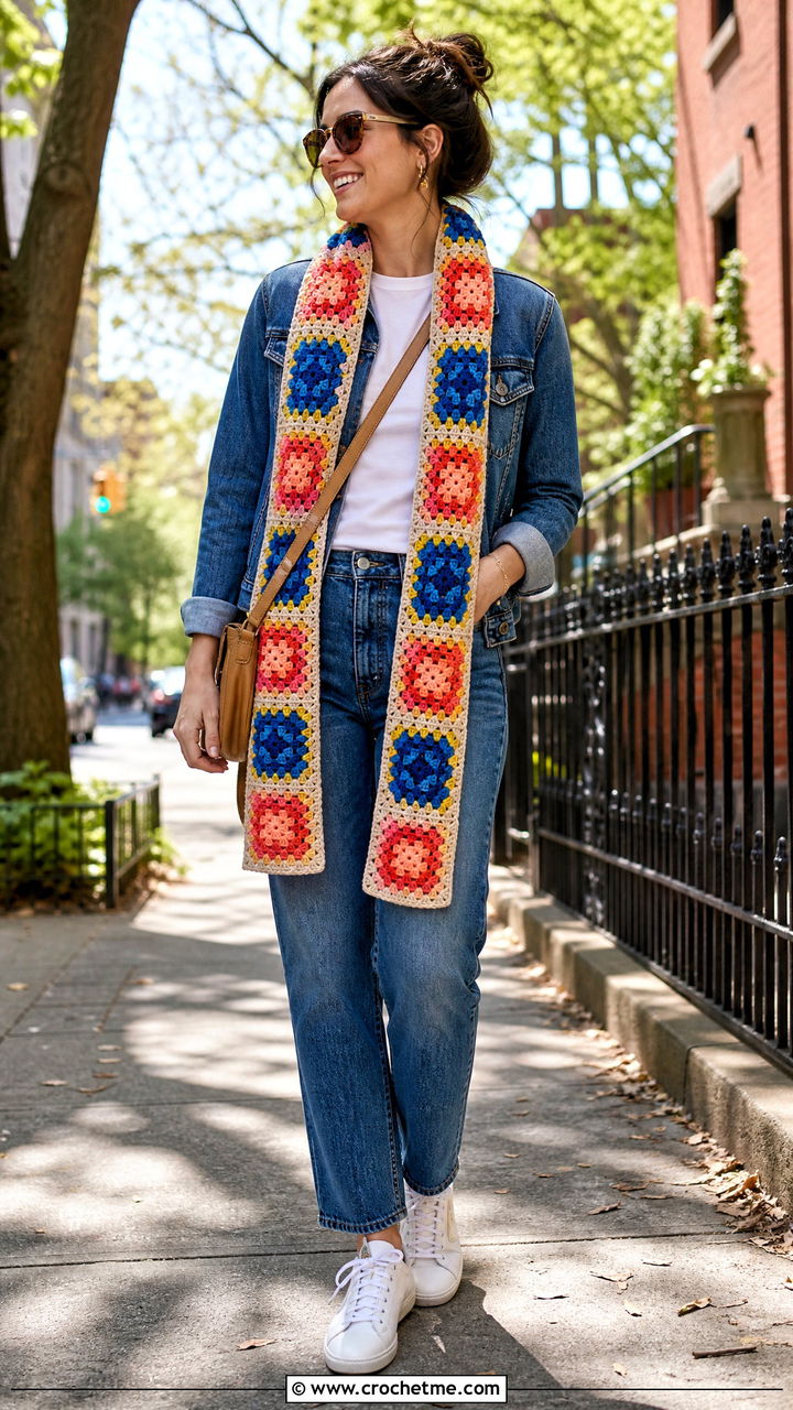 Granny Square Crochet Scarf With Denim Jacket - 35 easy crochet scarf outfit ideas
