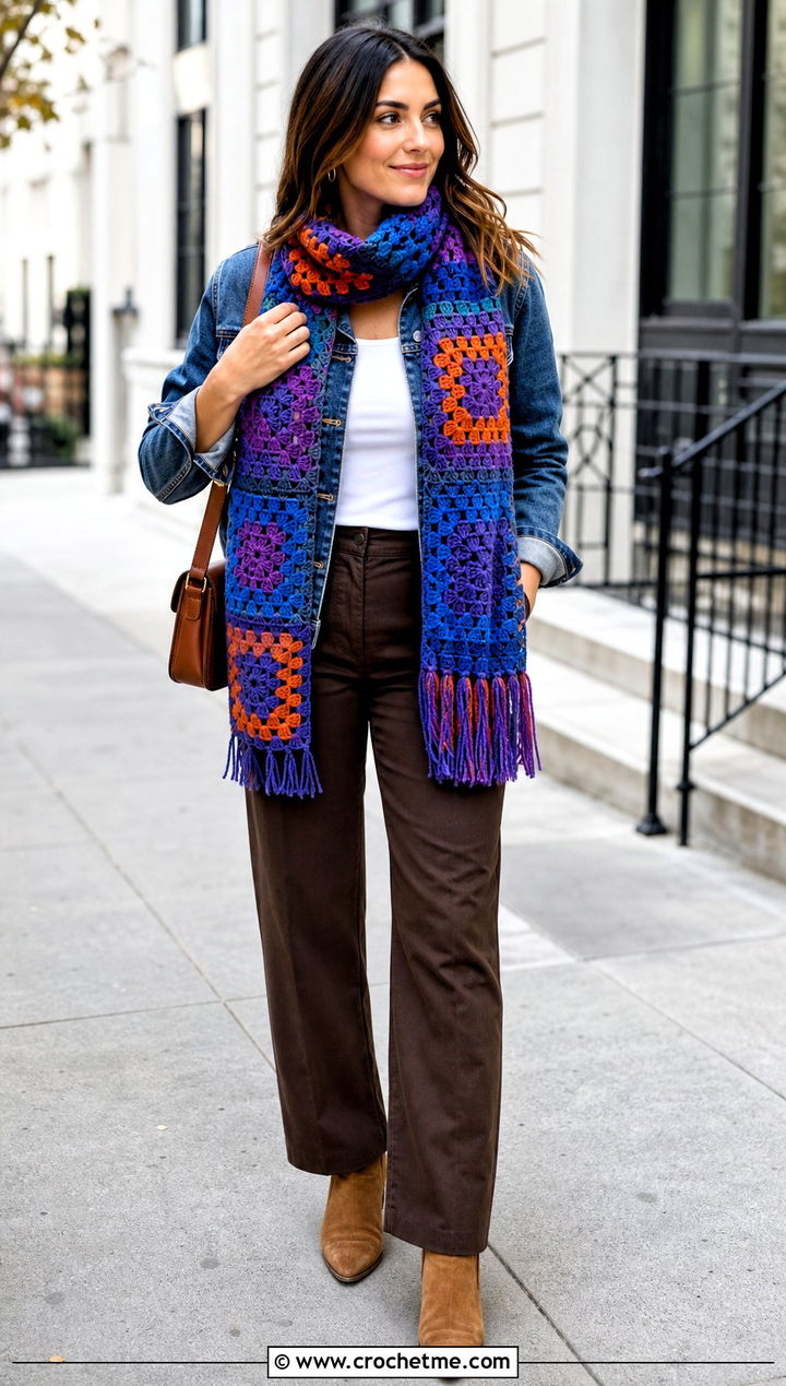 Granny Square Crochet Scarf With Denim Jacket - 35 fall crochet scarf outfit ideas