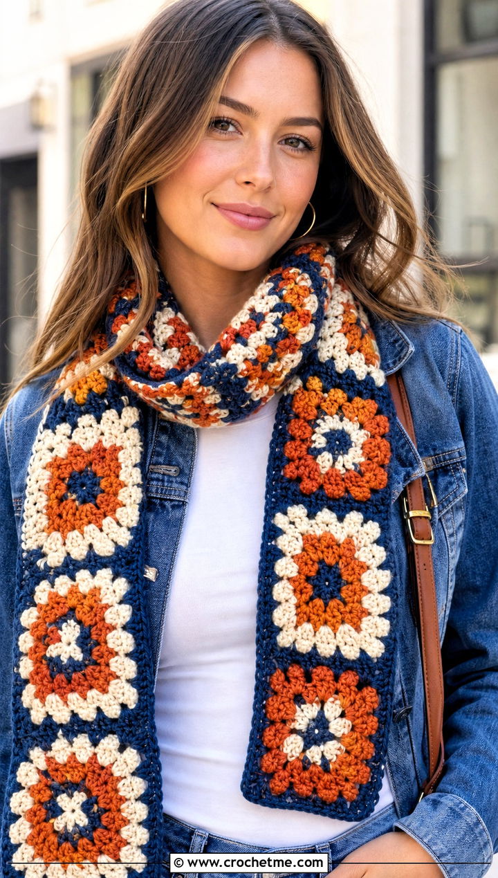 Granny Square Crochet Scarf With Denim Jacket - 35 fun crochet scarf outfit ideas