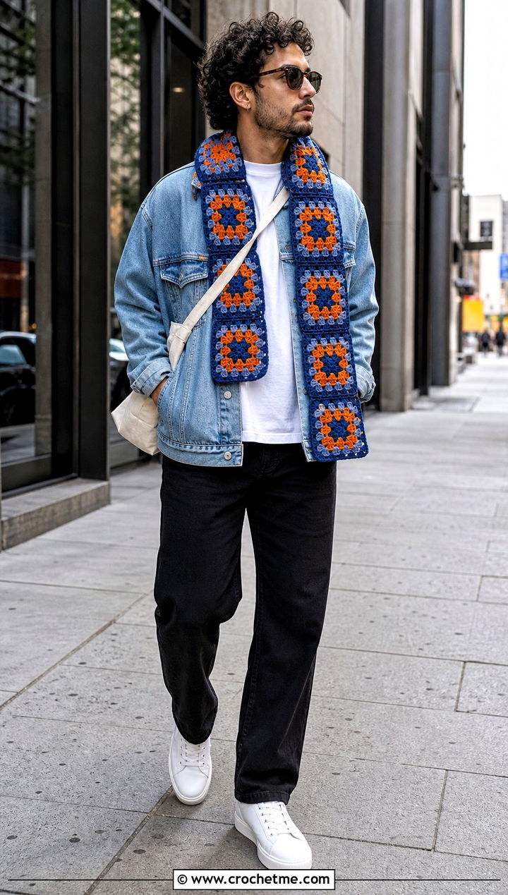 Granny Square Crochet Scarf With Denim Jacket - 35 men crochet scarf outfit ideas