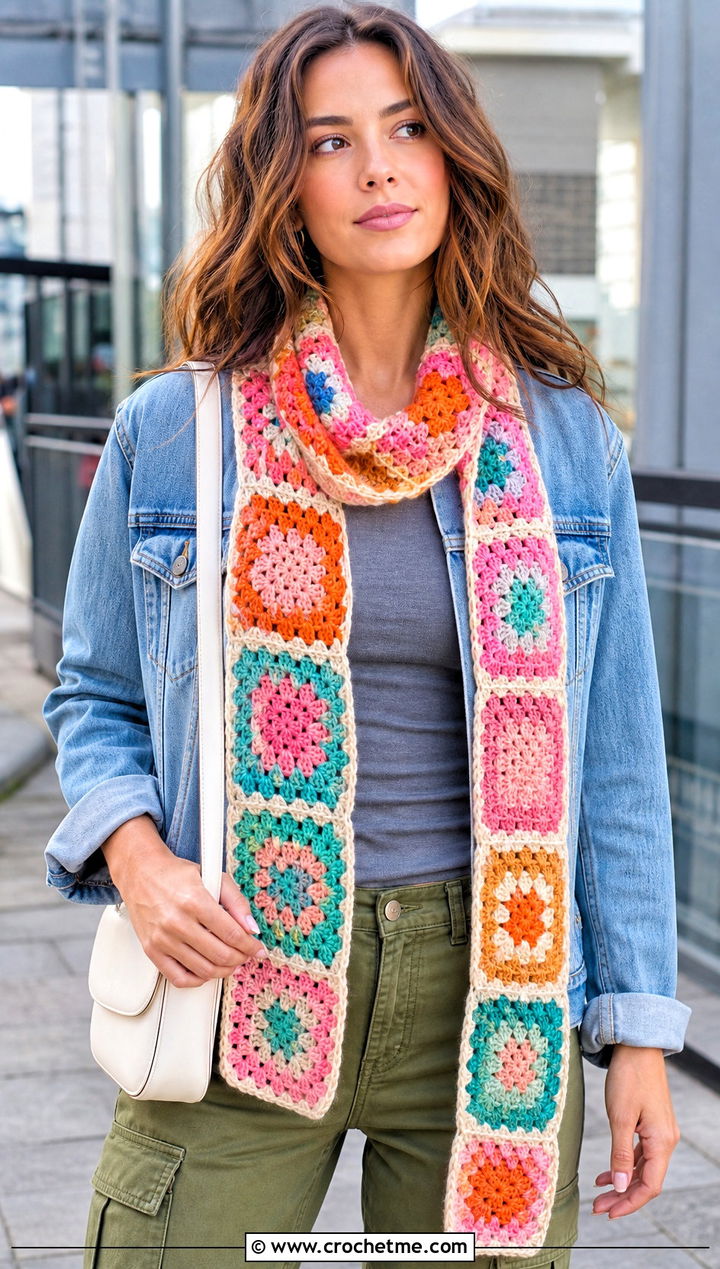 Granny Square Crochet Scarf With Denim Jacket - 30 crochet granny stitch scarf outfit ideas
