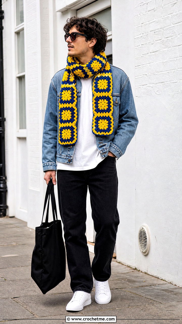 Granny Square Crochet Scarf With Denim Jacket - 35 men's crochet scarf outfit ideas