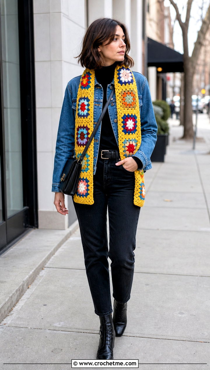 Granny Square Crochet Scarf With Denim Jacket - 35 Winter Crochet Scarfs For Women outfit ideas