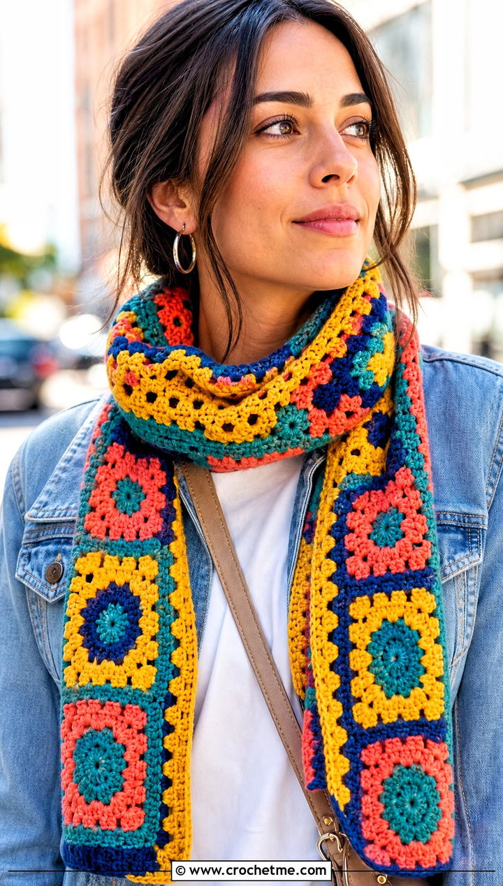 Granny Square Crochet Scarf With Denim Jacket - 25 Beautiful Crochet Scarf outfit ideas