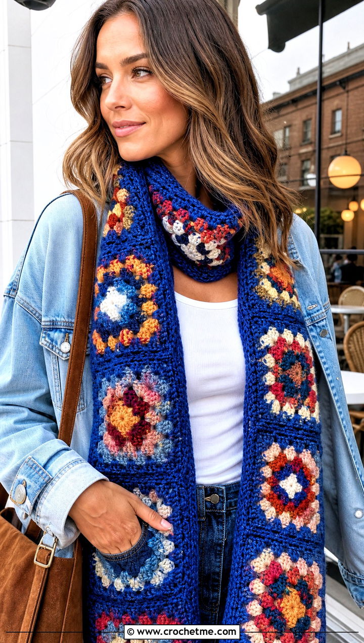 Granny Square Crochet Scarf With Denim Jacket - 25 boho crochet scarf outfit ideas