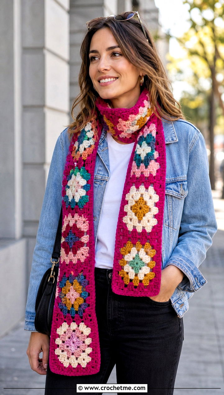 Granny Square Crochet Scarf With Denim Jacket - 25 crochet for scarfs outfit ideas