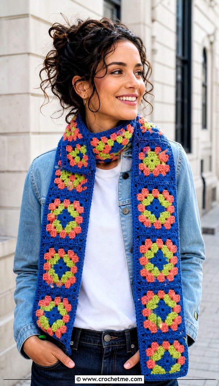 Granny Square Crochet Scarf With Denim Jacket - 25 Crochet Fun Scarf outfit ideas