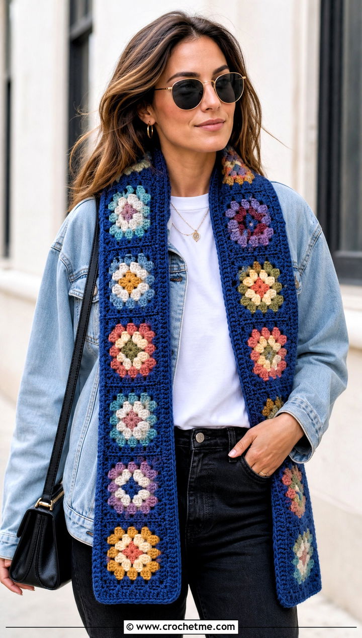 Granny Square Crochet Scarf With Denim Jacket - 25 crochet scarf design ideas