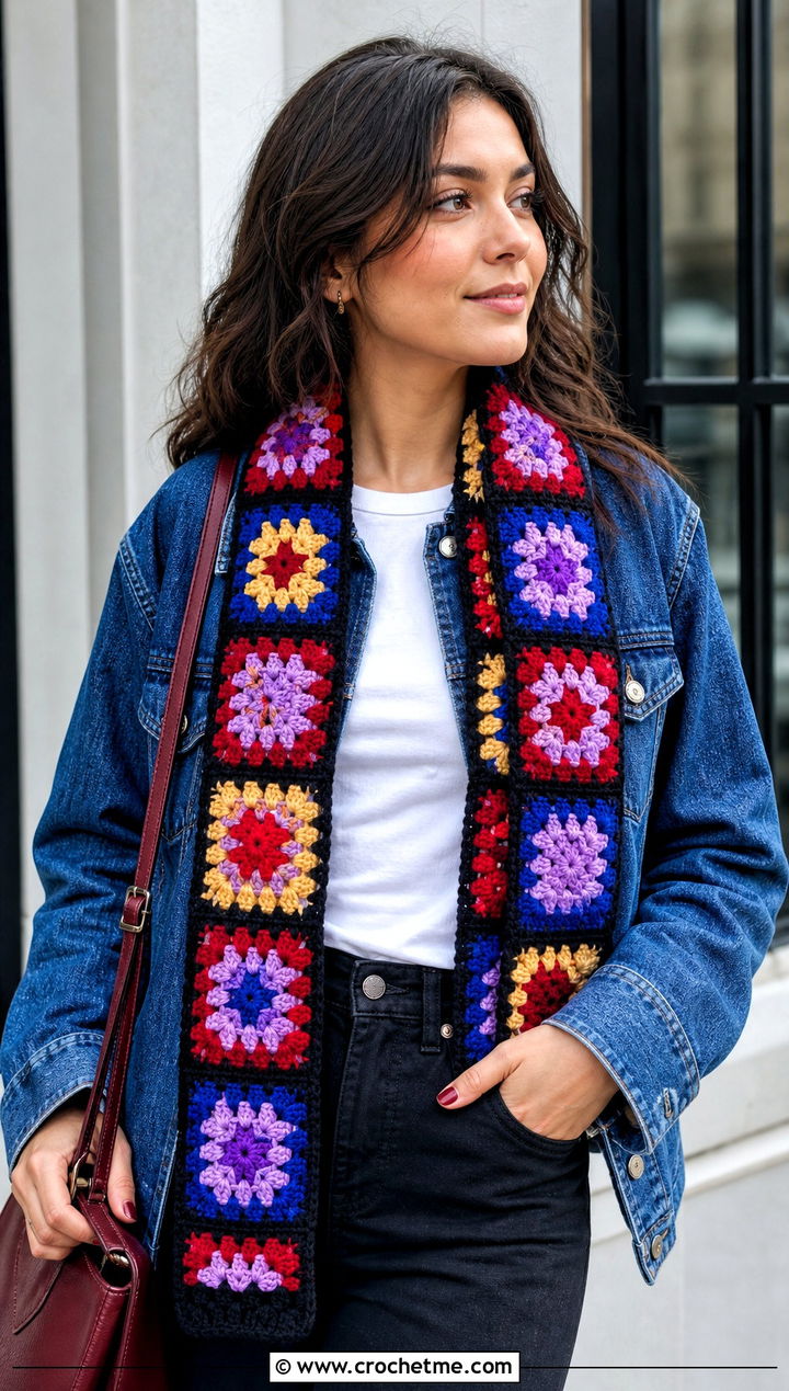Granny Square Crochet Scarf With Denim Jacket - 25 multi colored crochet scarf outfit ideas