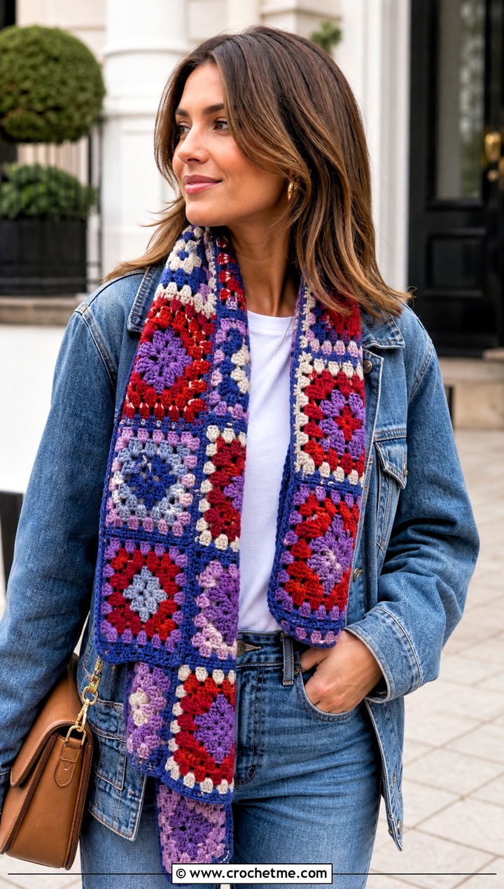 Granny Square Crochet Scarf With Denim Jacket - 25 Multifunctional Crochet Scarf outfit ideas
